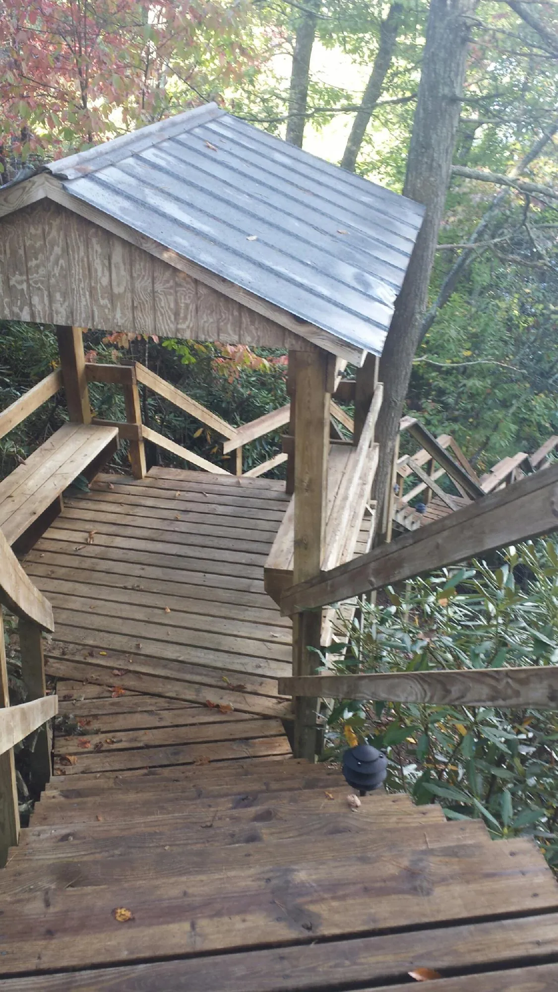 Metal roofed shelter over wooden steps on a wooded walkway — Skylight Repair & Installation work by our crew in Veteran